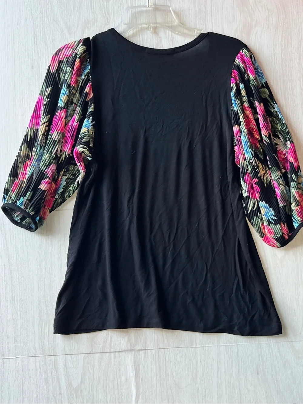 Kim & Cami Black Tee with Floral Puff Sleeves